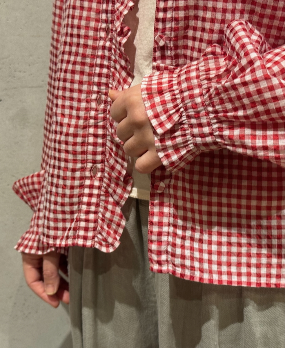 INMDS25022(シャツ) HANDWOVEN COTTON/SILK GINGHAM CHECK FRILL COLLAR SHIRT