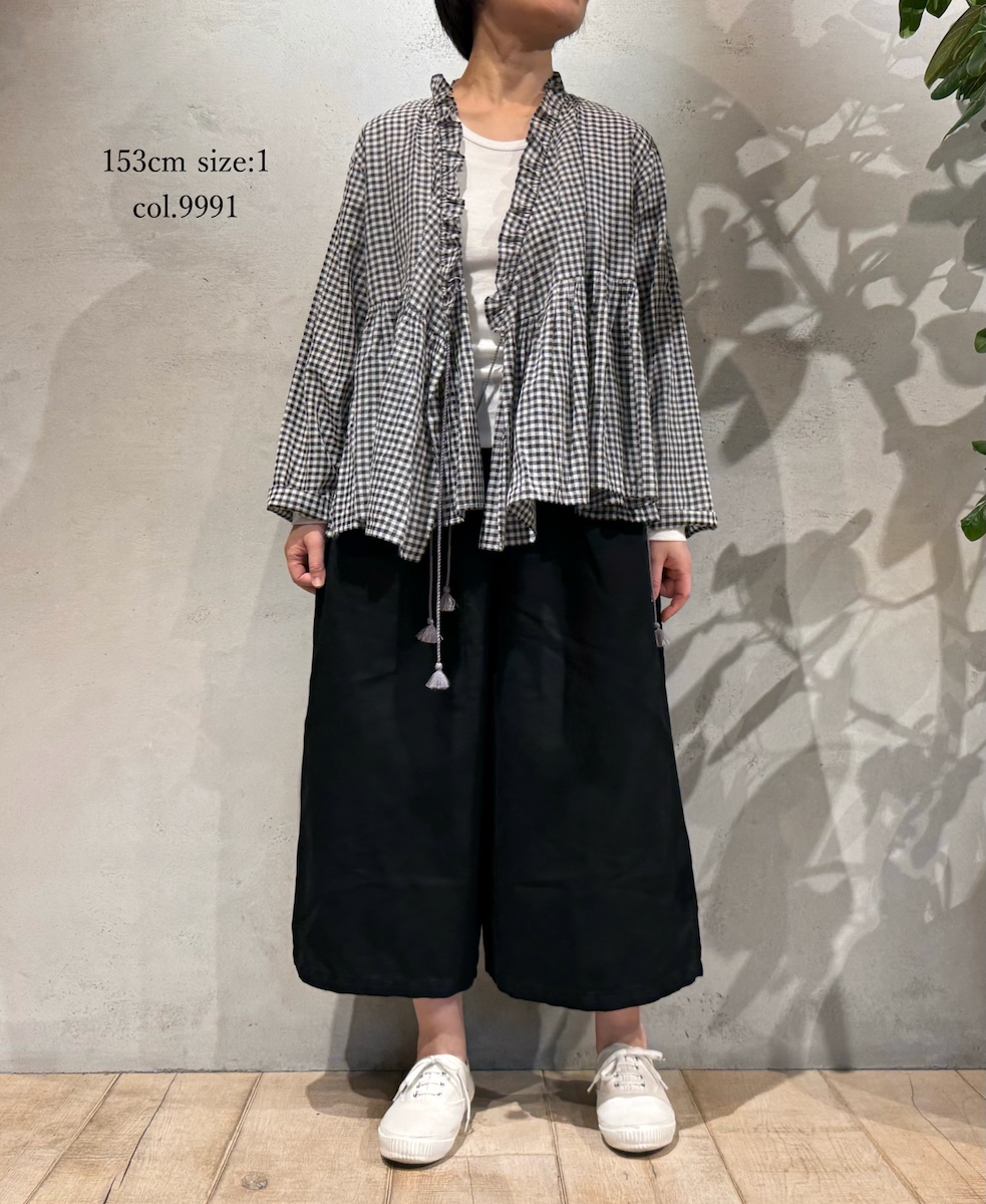 INMDS25021(ブラウス) HANDWOVEN COTTON/SILK GINGHAM CHECK FRILL CACHE COEUR