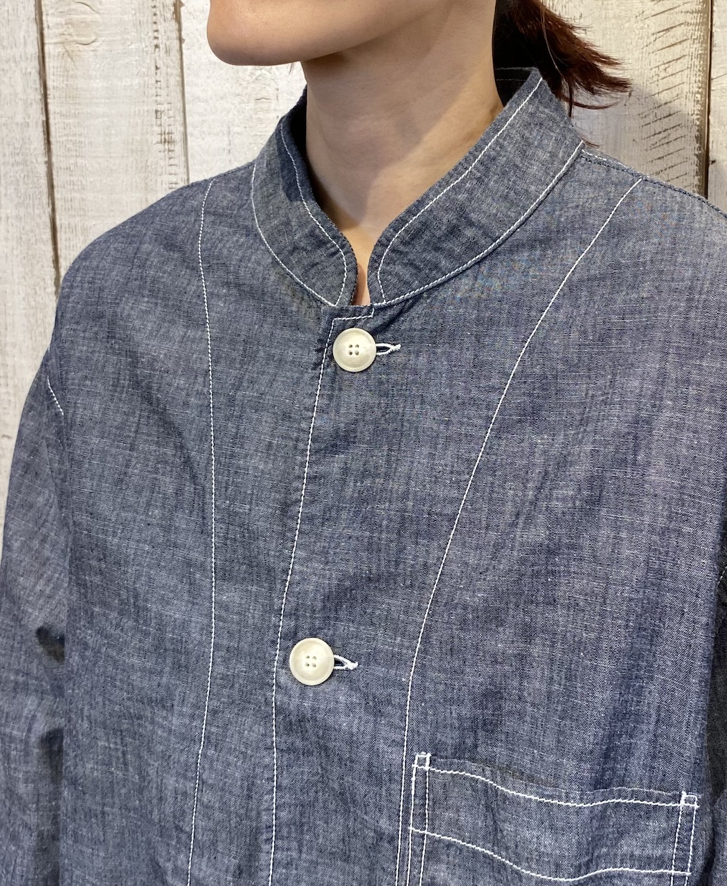 ISNAM2501CB(ジャケット) NAVY CHAMBRAY BANDED COLLAR JACKET