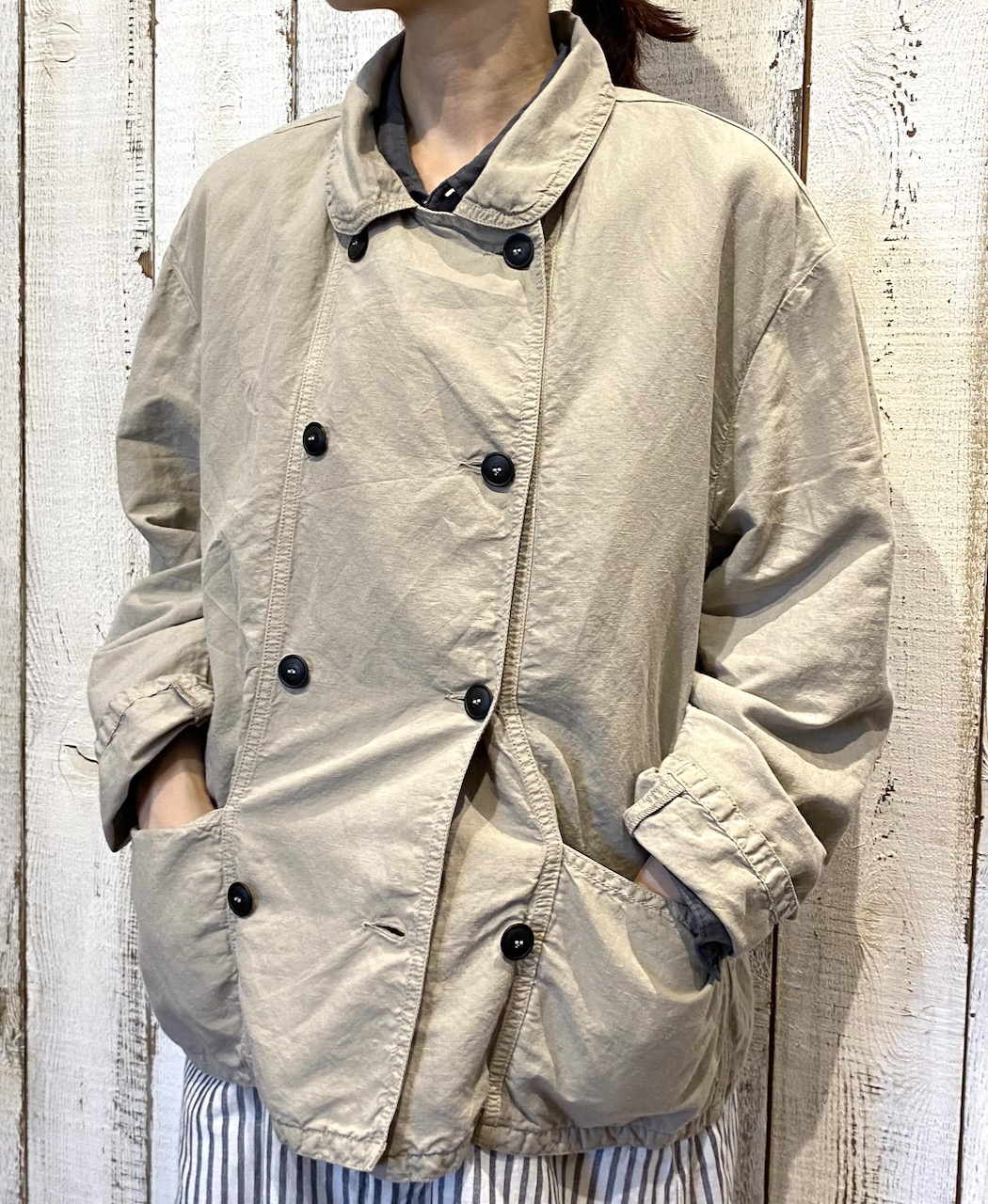 ISNAM2402D(ジャケット) COTTON LINEN OVERDYE ROUND COLLAR DOUBLE JACKET