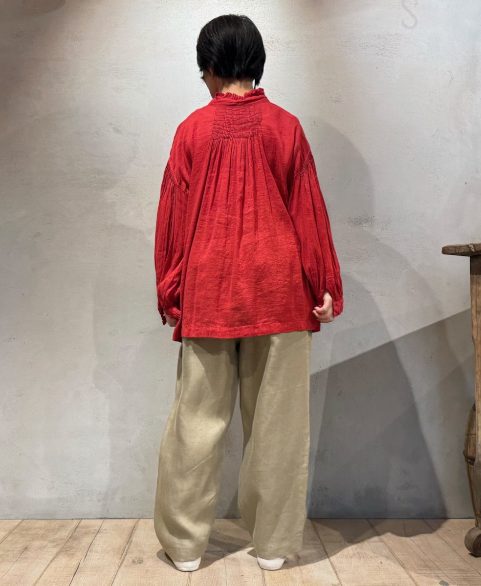 INMDS25011D(シャツ) AUTO LOOM COTTON/LINEN PLAIN(OVERDYE) FRILL COLLAR SHIRT WITH MINI PINTUCK