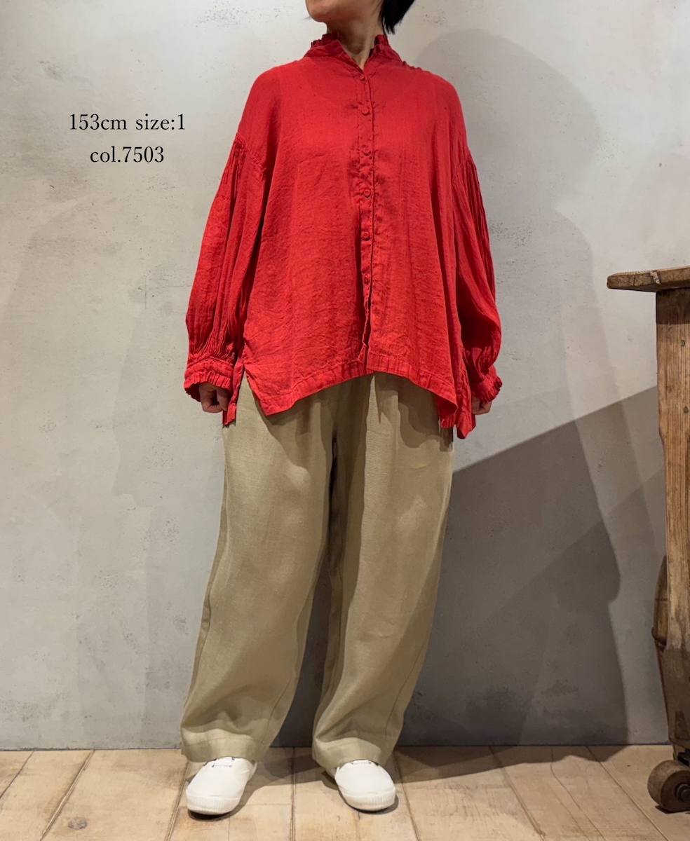 INMDS25011D(シャツ) AUTO LOOM COTTON/LINEN PLAIN(OVERDYE) FRILL COLLAR SHIRT WITH MINI PINTUCK