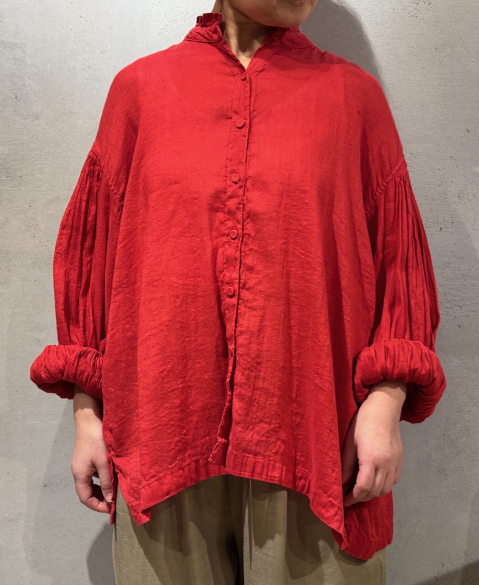 INMDS25011D(シャツ) AUTO LOOM COTTON/LINEN PLAIN(OVERDYE) FRILL COLLAR SHIRT WITH MINI PINTUCK