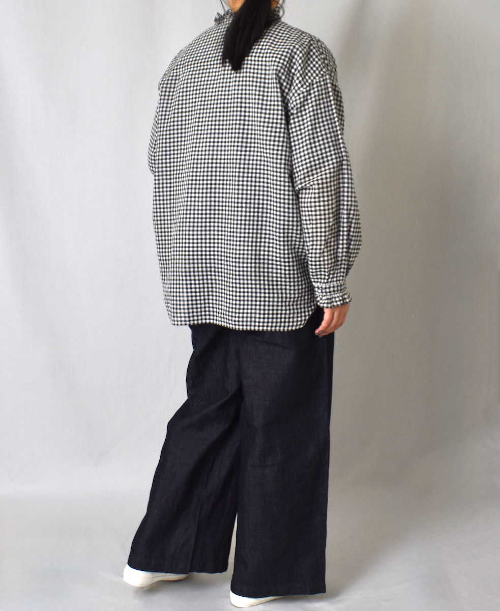 INMDS25022(シャツ) HANDWOVEN COTTON/SILK GINGHAM CHECK FRILL COLLAR SHIRT