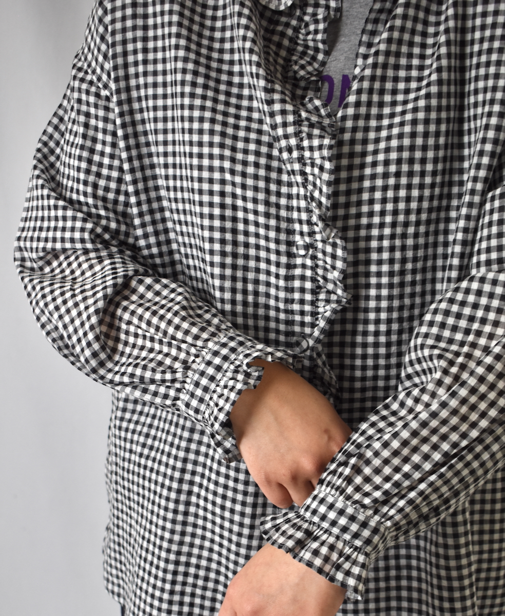 INMDS25022(シャツ) HANDWOVEN COTTON/SILK GINGHAM CHECK FRILL COLLAR SHIRT