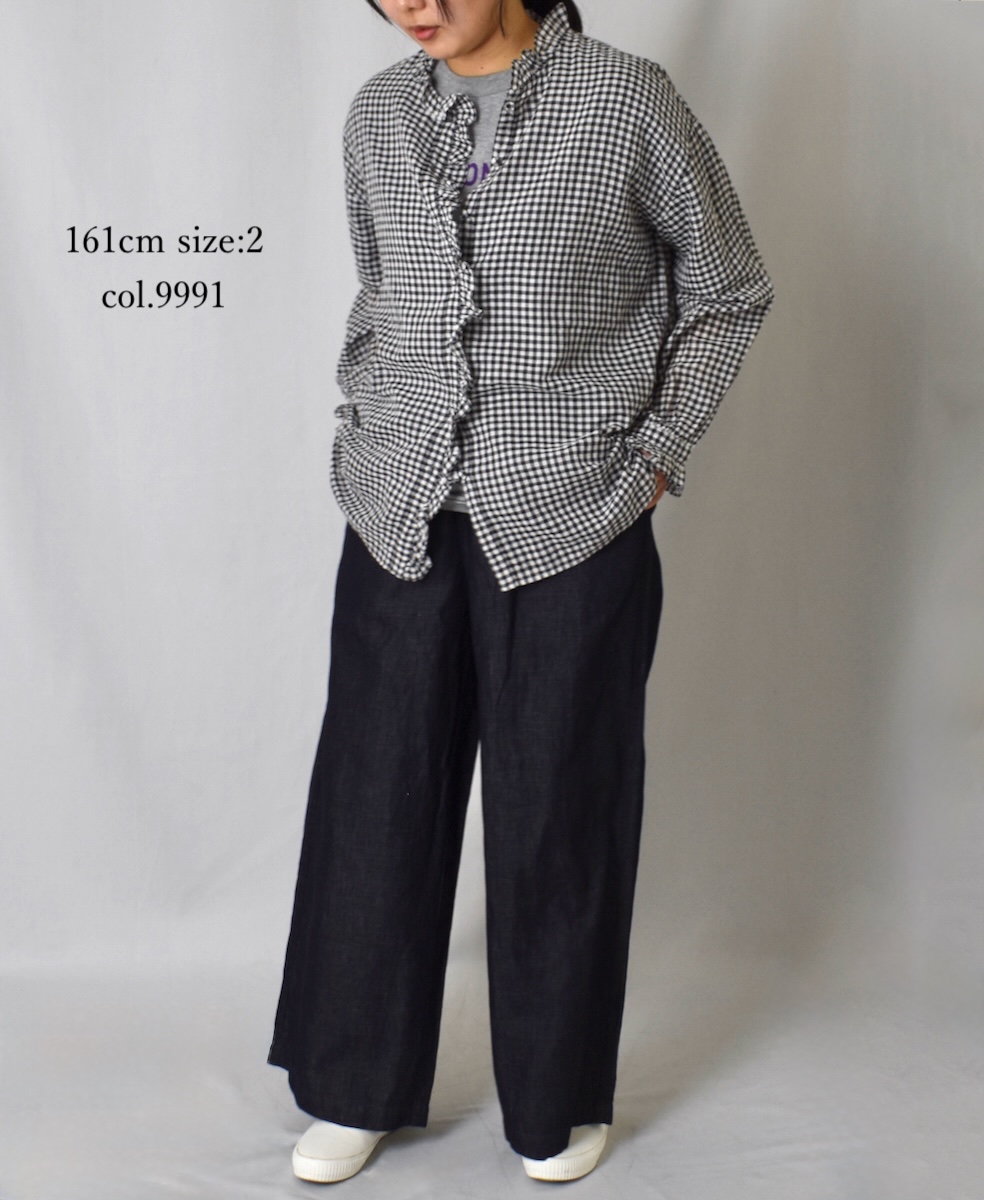 INMDS25022(シャツ) HANDWOVEN COTTON/SILK GINGHAM CHECK FRILL COLLAR SHIRT