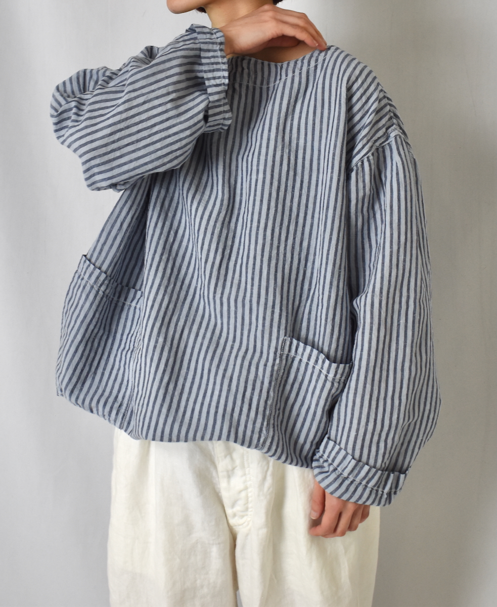 ISNAM2522SD(シャツ) COTTON/LINEN STRIPE OVERDYE BOAT NECK PULLOVER