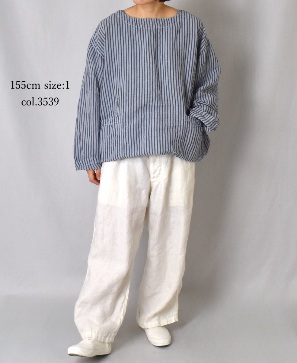 ISNAM2522SD(シャツ) COTTON/LINEN STRIPE OVERDYE BOAT NECK PULLOVER