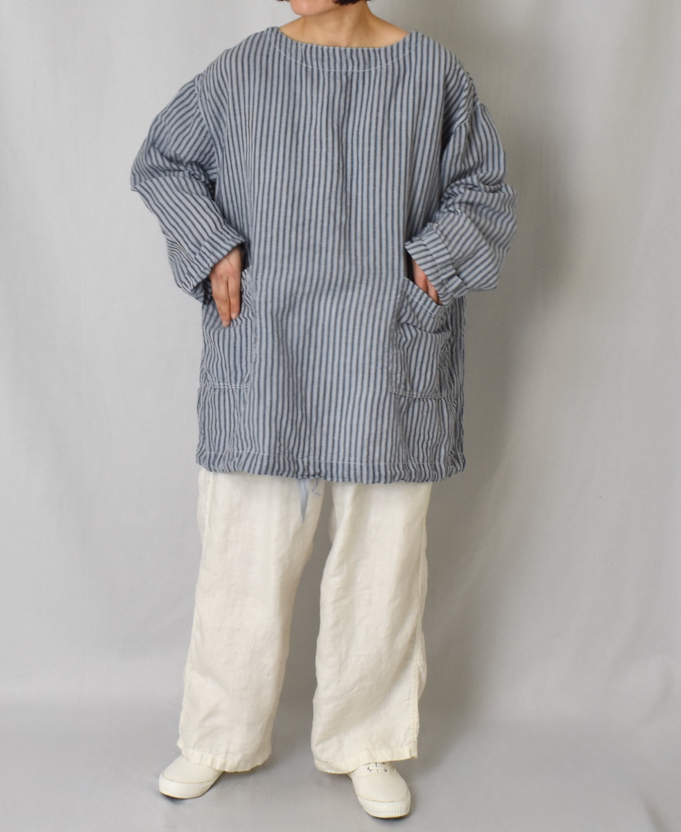 ISNAM2522SD(シャツ) COTTON/LINEN STRIPE OVERDYE BOAT NECK PULLOVER