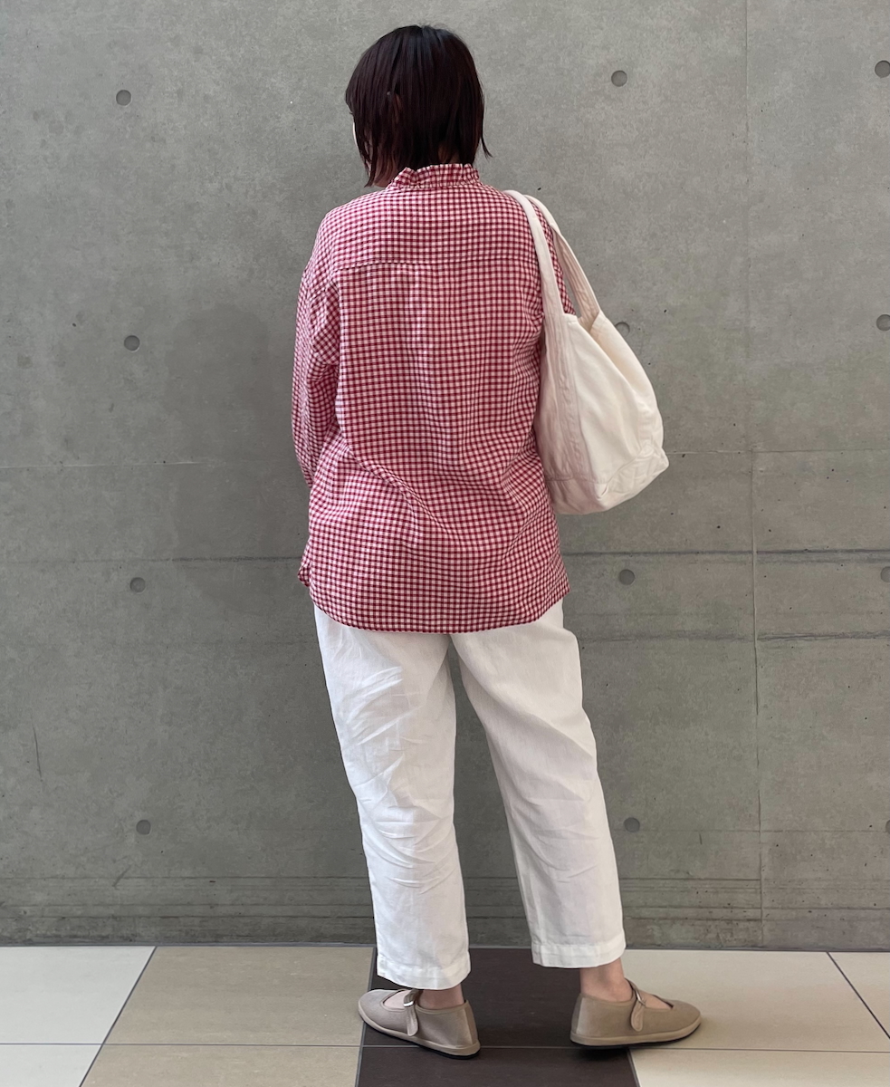 INMDS25022(シャツ) HANDWOVEN COTTON/SILK GINGHAM CHECK FRILL COLLAR SHIRT