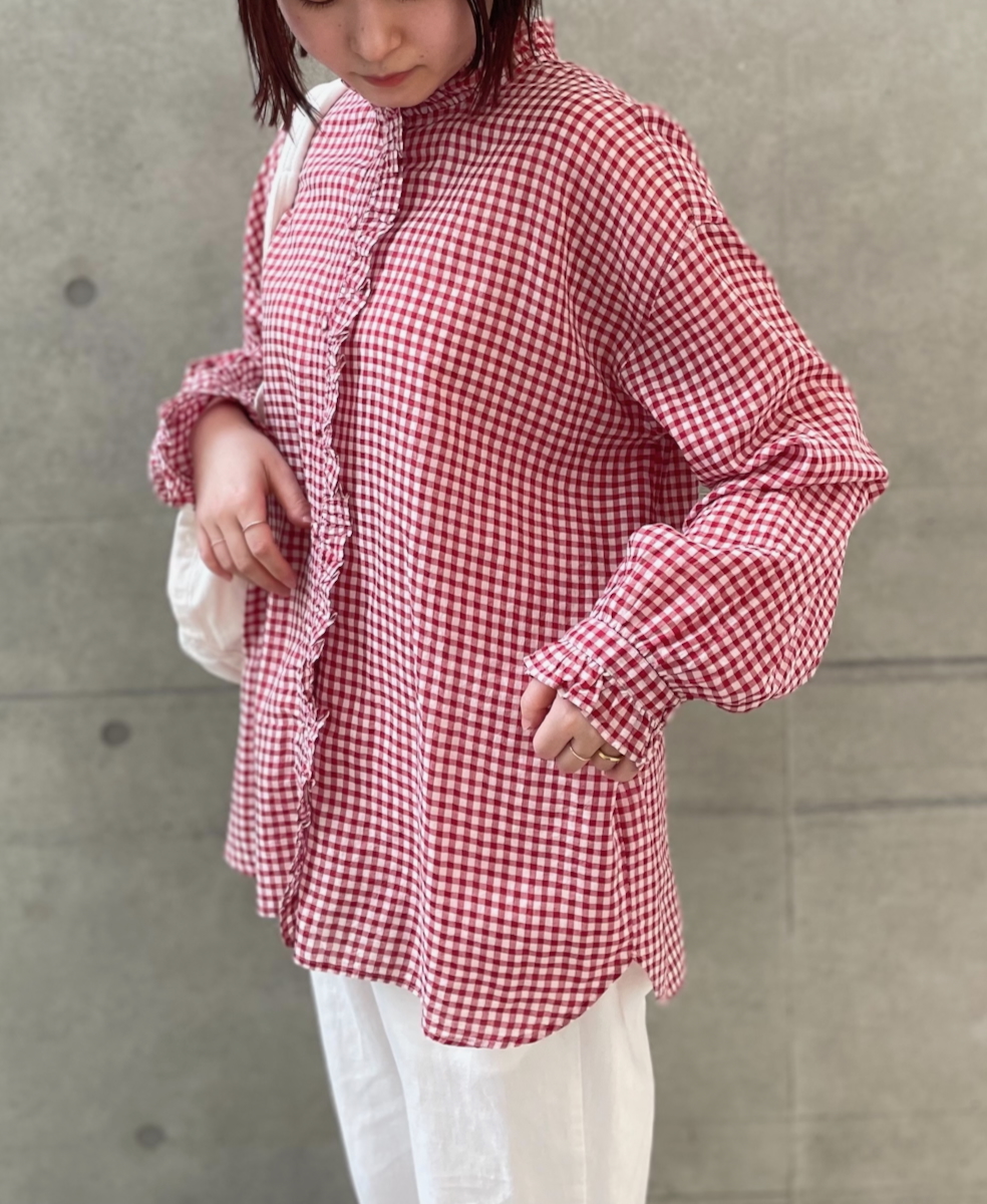 INMDS25022(シャツ) HANDWOVEN COTTON/SILK GINGHAM CHECK FRILL COLLAR SHIRT