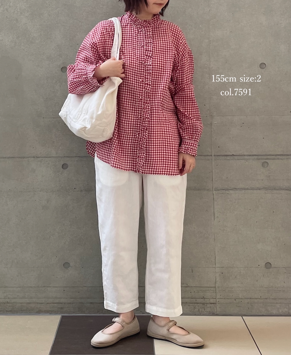 INMDS25022(シャツ) HANDWOVEN COTTON/SILK GINGHAM CHECK FRILL COLLAR SHIRT