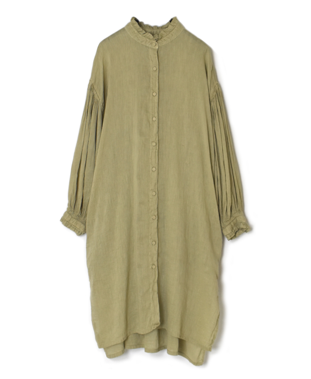 INMDS25016D(ワンピース) AUTO LOOM COTTON/LINEN PLAIN(OVERDYE) FRILL COLLAR MAXI SHIRT DRESS WITH PINTUCK