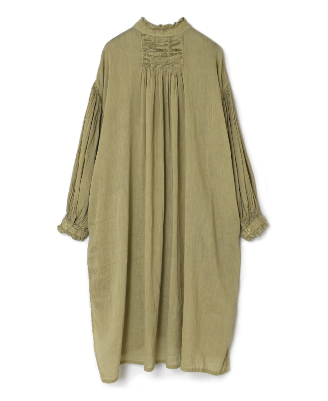 INMDS25016D(ワンピース) AUTO LOOM COTTON/LINEN PLAIN(OVERDYE) FRILL COLLAR MAXI SHIRT DRESS WITH PINTUCK