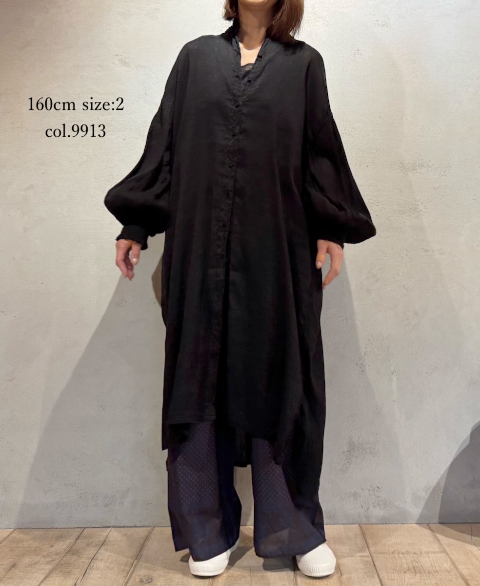 INMDS25016D(ワンピース) AUTO LOOM COTTON/LINEN PLAIN(OVERDYE) FRILL COLLAR MAXI SHIRT DRESS WITH PINTUCK