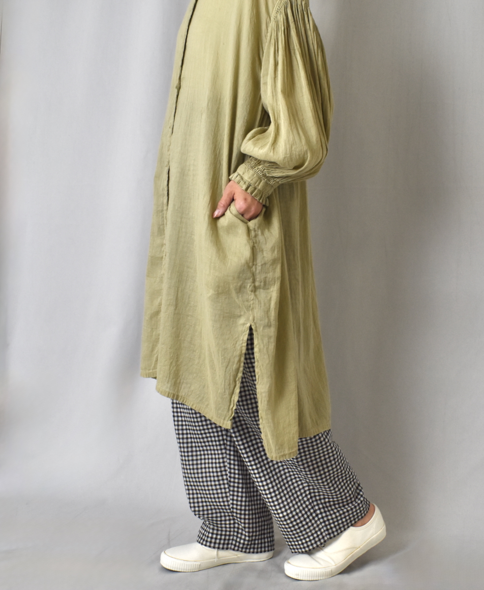 INMDS25016D(ワンピース) AUTO LOOM COTTON/LINEN PLAIN(OVERDYE) FRILL COLLAR MAXI SHIRT DRESS WITH PINTUCK