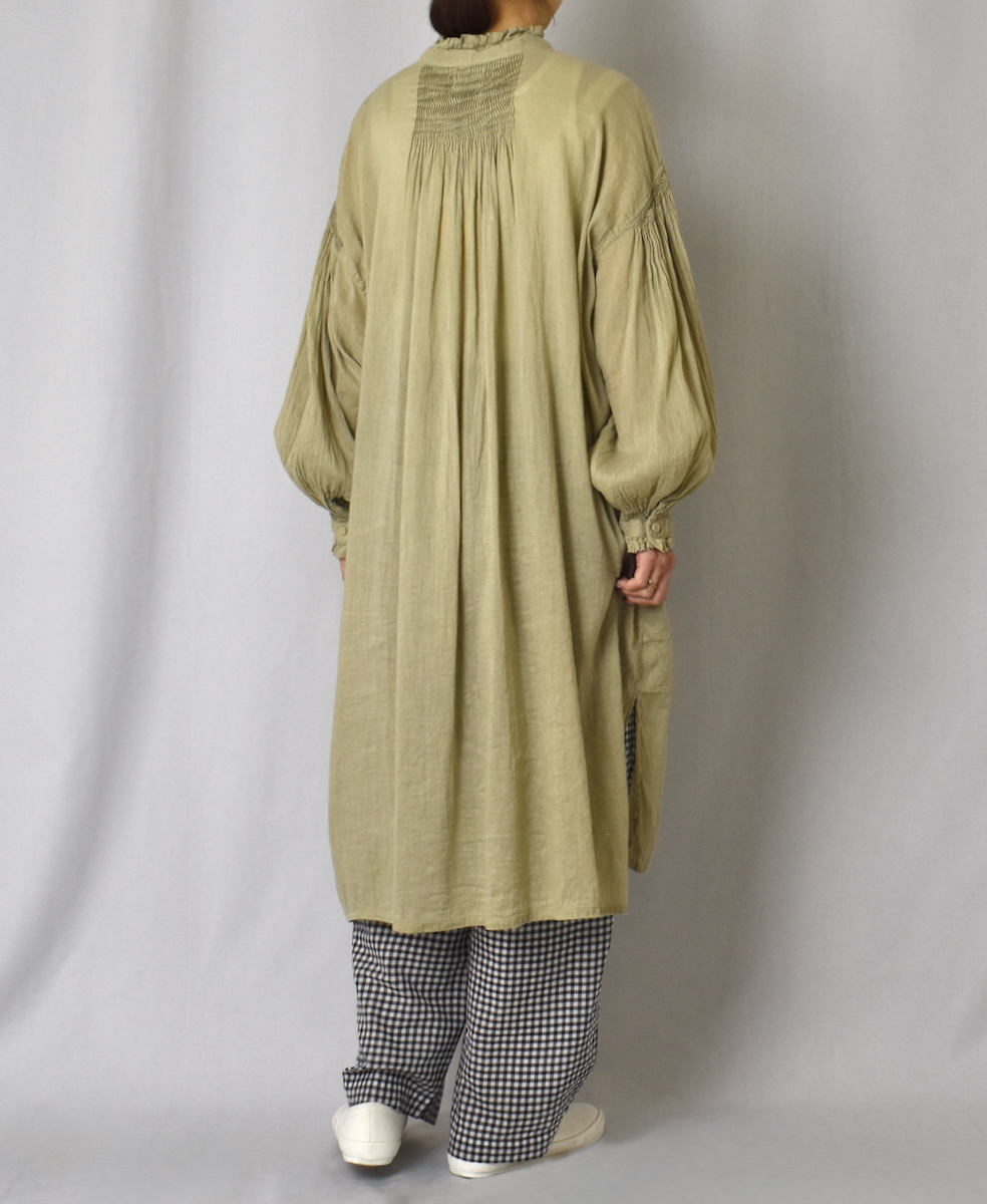 INMDS25016D(ワンピース) AUTO LOOM COTTON/LINEN PLAIN(OVERDYE) FRILL COLLAR MAXI SHIRT DRESS WITH PINTUCK