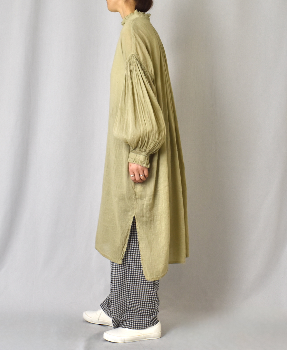 INMDS25016D(ワンピース) AUTO LOOM COTTON/LINEN PLAIN(OVERDYE) FRILL COLLAR MAXI SHIRT DRESS WITH PINTUCK