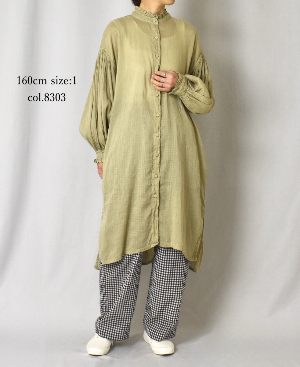 INMDS25016D(ワンピース) AUTO LOOM COTTON/LINEN PLAIN(OVERDYE) FRILL COLLAR MAXI SHIRT DRESS WITH PINTUCK