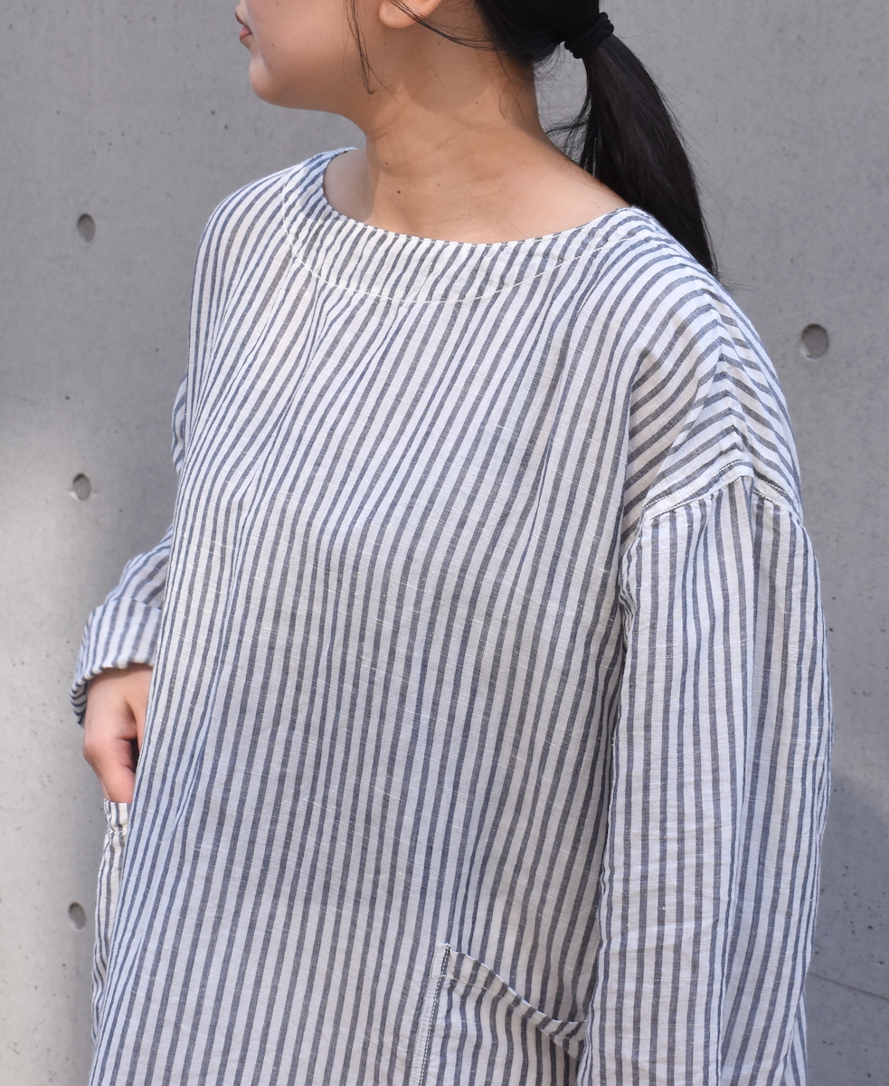 ISNAM2523SD(プルオーバー) COTTON/LINEN STRIPE OVERDYE BOAT NECK LONG PULLOVER