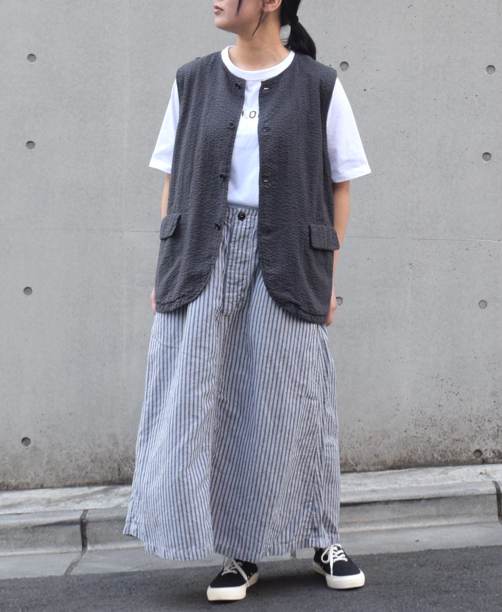 ISNAM2524SD(スカート) COTTON/LINEN STRIPE OVERDYE ADJUSTER TACK SKIRT WITH SUSPENDER