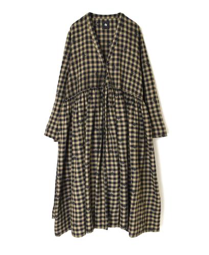 NMDS23604 (ワンピース) WOOL GINGHAM CHECK WITH JACQUARD RAJASTHAN TUCK GATHERED WRAP DRESS