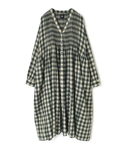 NMDS23594 (ワンピース) BOILED WOOL BIG GINGHAM CHECK V-NECK DRESS WITH MINI PINTUCK