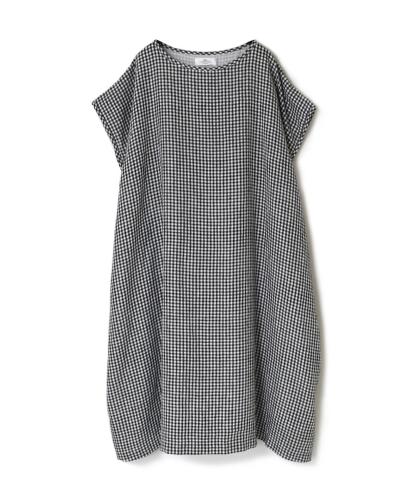 INSL24215 (ワンピース) 60'S POWER LOOM LINEN GINGHAM CHECK BOAT NECK GATHERED DRESS WITH LINING