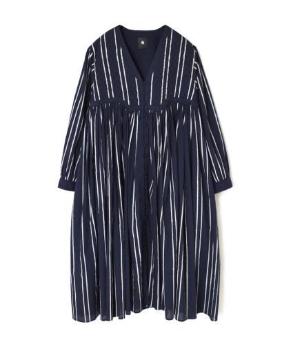 NMDS24623(ワンピース) 60s COTTON STRIPE BLOCK PRINT V-NECK RAJASTHAN TUCK GATHERED DRESS