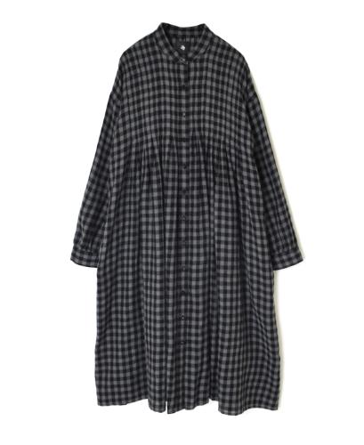 NMDS24571(ワンピース) BOILED WOOL GINGHAM CHECK BANDED SHIRT DRESS WITH INVERTED PLEATS