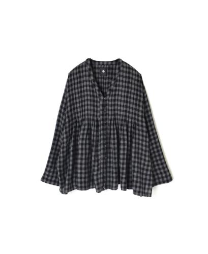 NMDS24572(シャツ) BOILED WOOL GINGHAM CHECK V-NECK FRONT OPENING SHIRT WITH INVERTED PLEATS