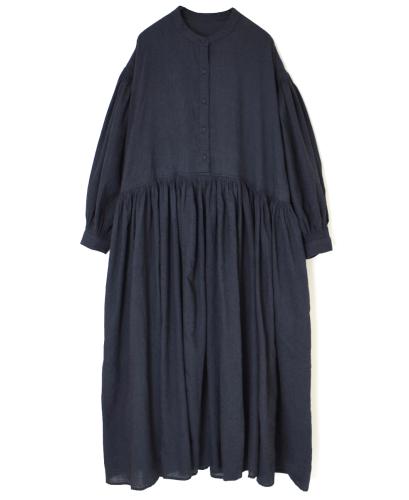 INMDS24742(ワンピース) WOOL/COTTON/SILK PLAIN BANDED COLLAR P/O DRESS WITH RAJASTHAN TUCK GATHER