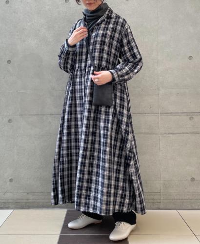 INSL24713(ワンピース) WOOL/LINEN CHECK OPEN COLLAR SHIRT DRESS