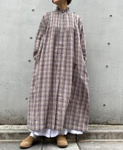 INSL24714(ワンピース) WOOL/LINEN CHECK FRILL COLLAR SHIRT DRESS WITH PINTUCK