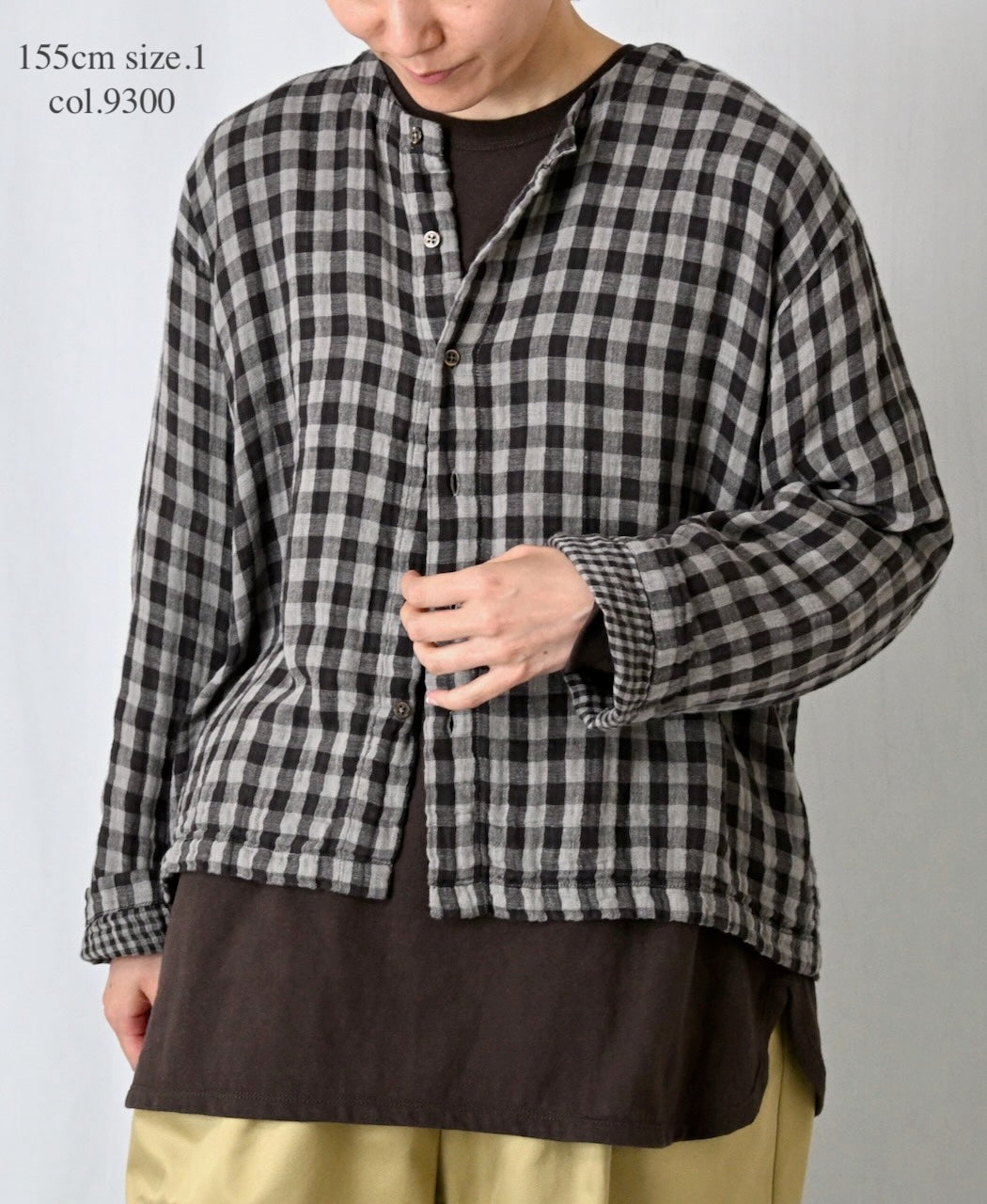 INAM2683DGD COTTON DOUBLE GAUZE CHECK OVERDYE CREW NECK CARDIGAN