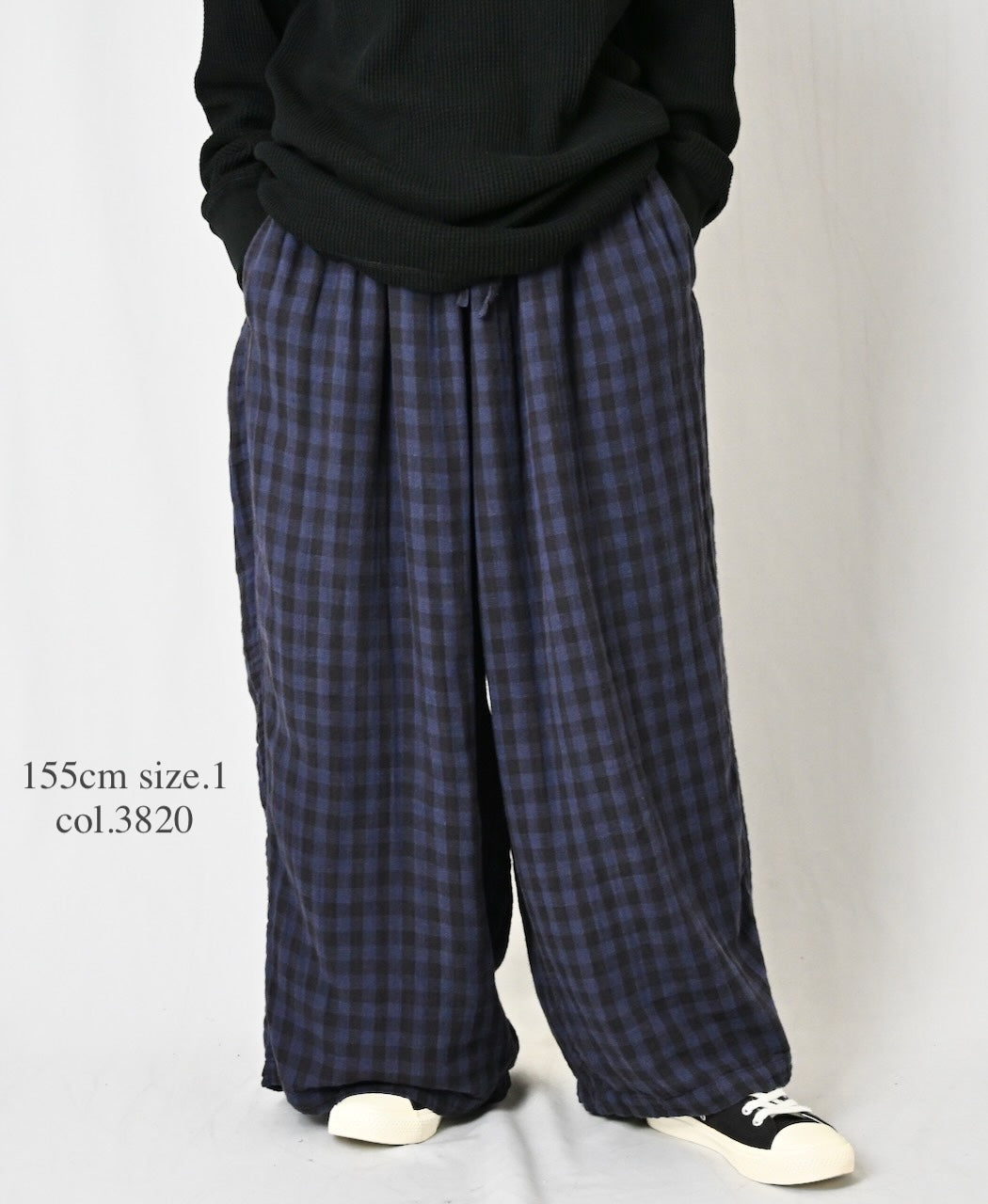 INAM2684DGD COTTON DOUBLE GAUZE CHECK OVERDYE GATHERED EASY PANTS WITH LINING