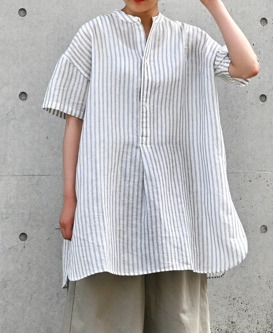 INSL26333 60s AUTO LOOM COTTON/LINEN STRIPE BANDED COLLAR S/SL TUNIC
