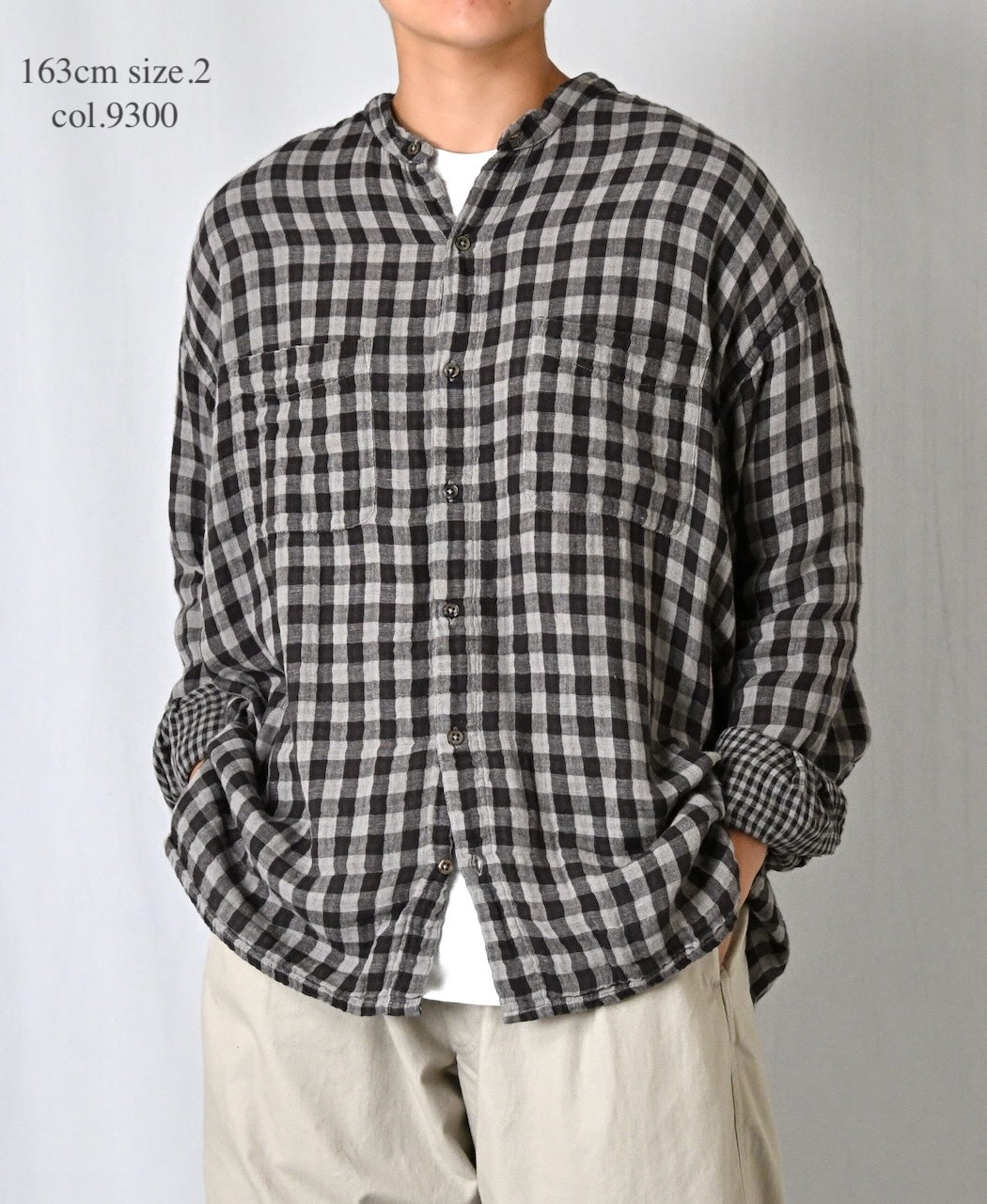 INAM2681DGD COTTON DOUBLE GAUZE CHECK OVERDYE UTILITY BANDED COLLAR SHIRT