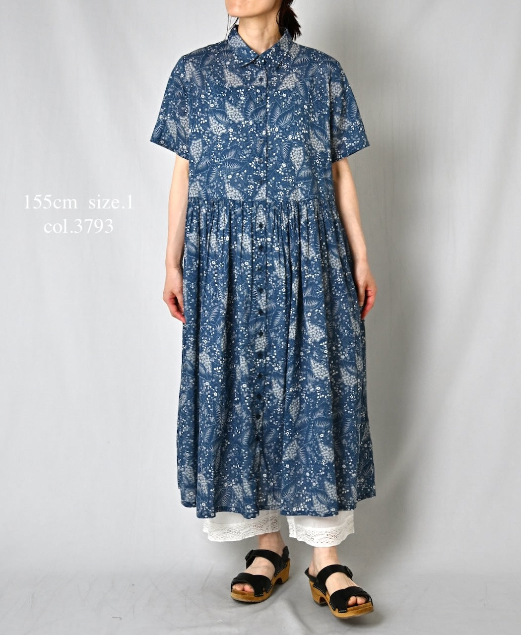 NSL26063 80s VOILE LEAF & FLOWER PRINT REGULAR COLLAR S/SL DRESS
