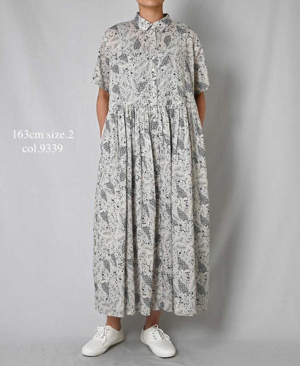 NSL26063 80s VOILE LEAF & FLOWER PRINT REGULAR COLLAR S/SL DRESS