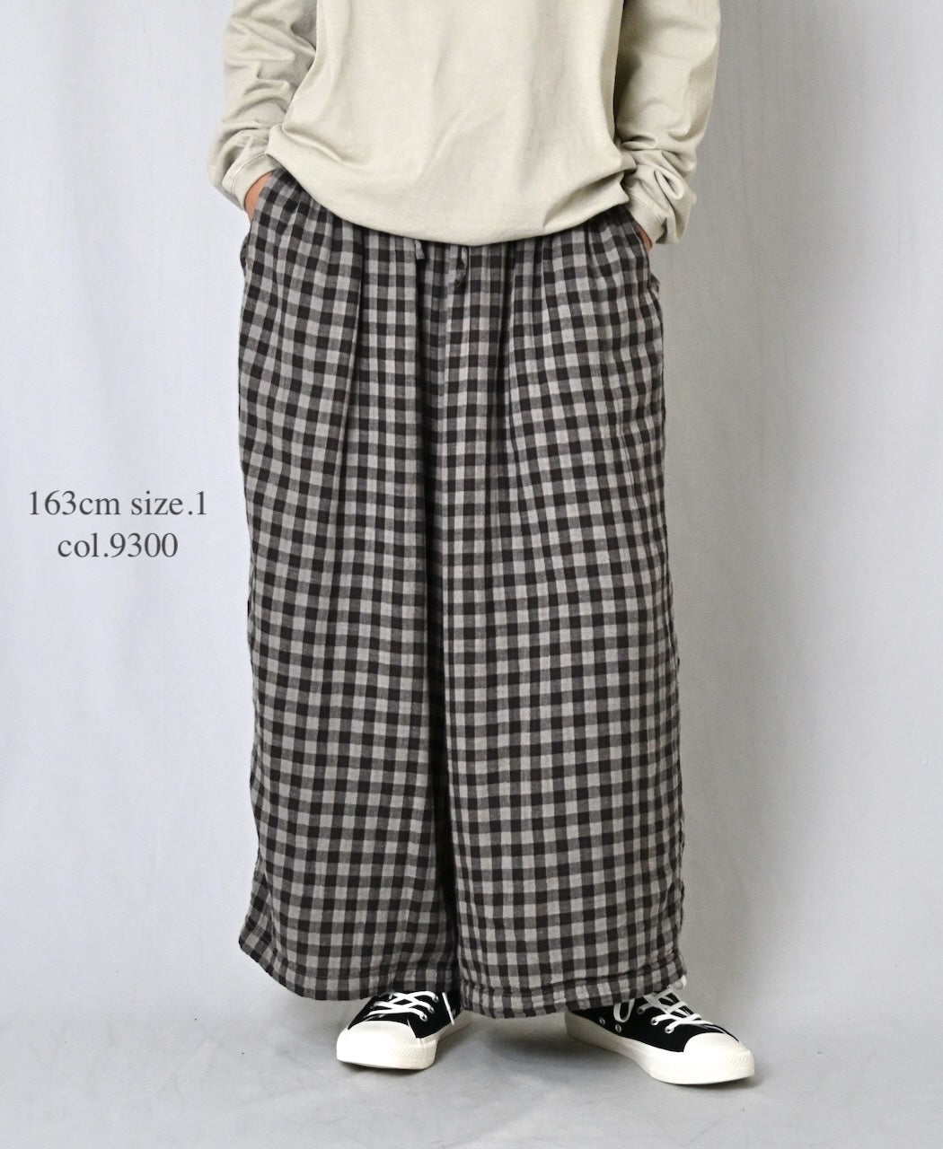 INAM2684DGD COTTON DOUBLE GAUZE CHECK OVERDYE GATHERED EASY PANTS WITH LINING