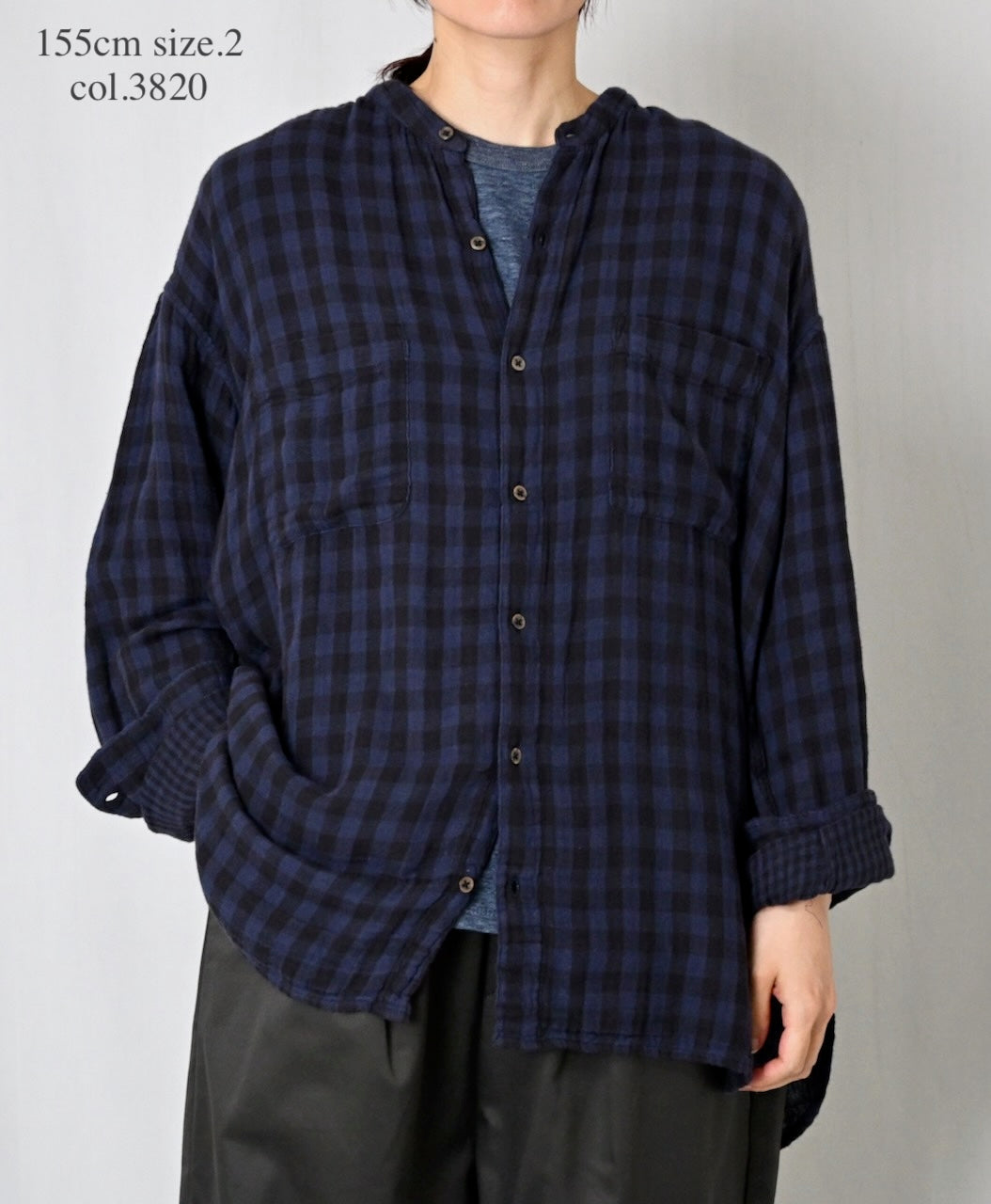 INAM2681DGD COTTON DOUBLE GAUZE CHECK OVERDYE UTILITY BANDED COLLAR SHIRT