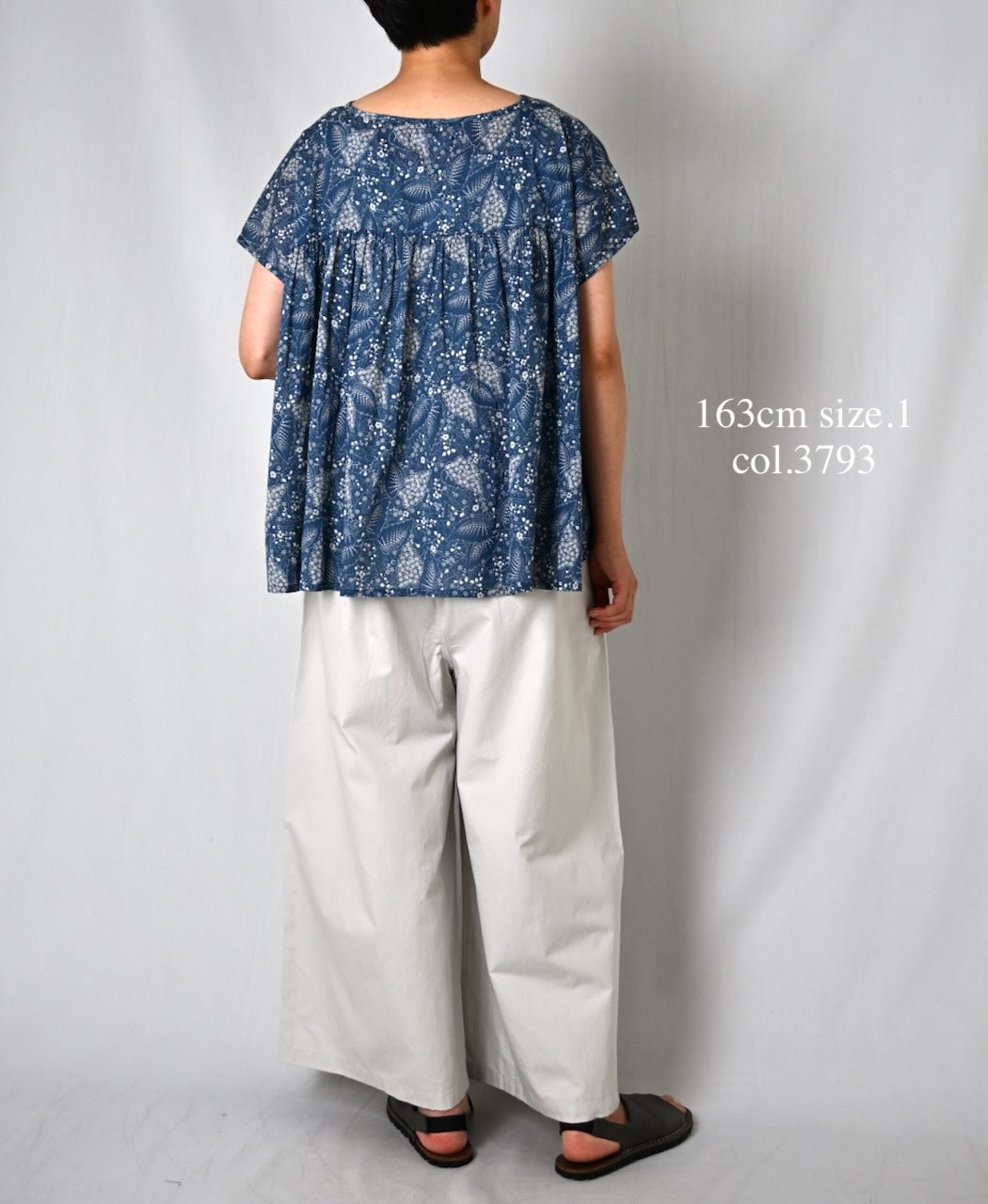 NSL26062 80s VOILE LEAF & FLOWER PRINT FRENCH/SL BACK SIDE GATHERED SMOCK