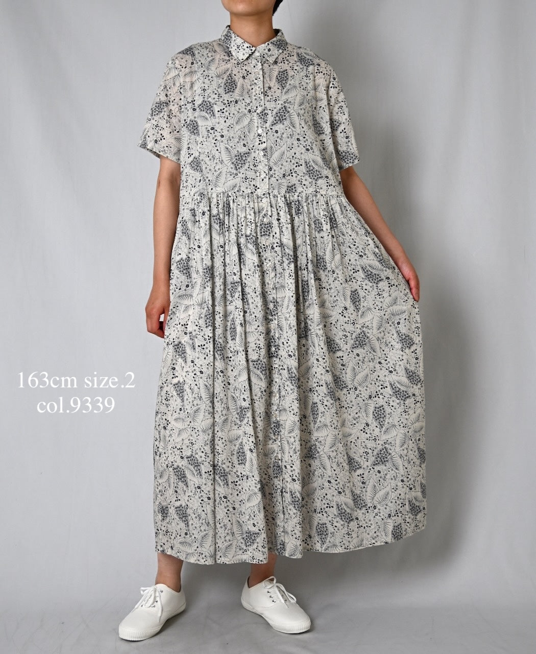 NSL26063 80s VOILE LEAF & FLOWER PRINT REGULAR COLLAR S/SL DRESS