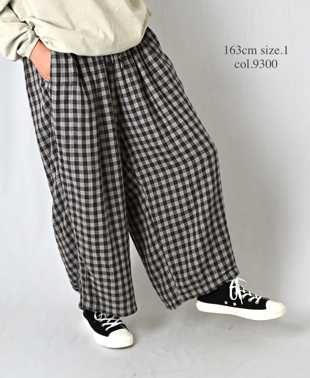 INAM2684DGD COTTON DOUBLE GAUZE CHECK OVERDYE GATHERED EASY PANTS WITH LINING