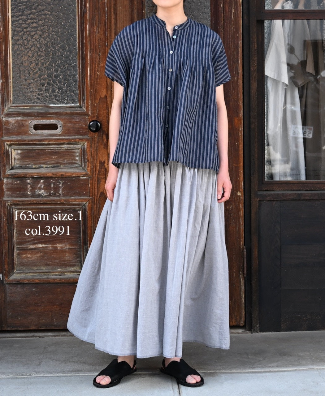 INSL26331 60s AUTO LOOM COTTON/LINEN STRIPE BANDED COLLAR FRENCH/SL PINTUCK SHIRTS