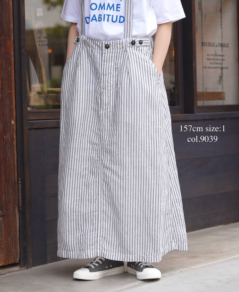 ISNAM2611S LINEN/COTTON STRIPE ADJUSTER TACK SKIRT WITH SUSPENDERS