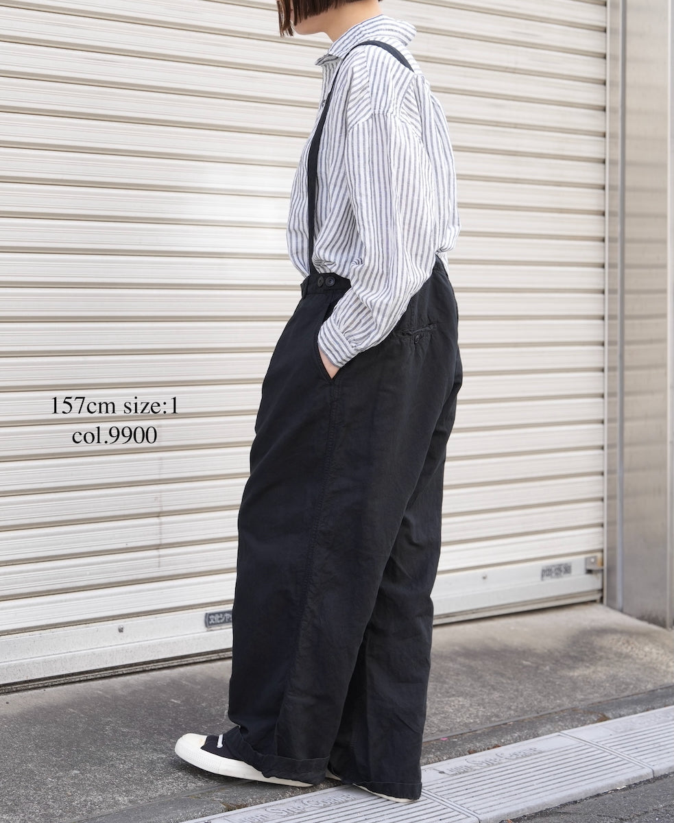 ISNAM2604D LINEN/COTTON PLAIN OVERDYE ADJUSTER TACK PANTS WITH SUSPENDERS