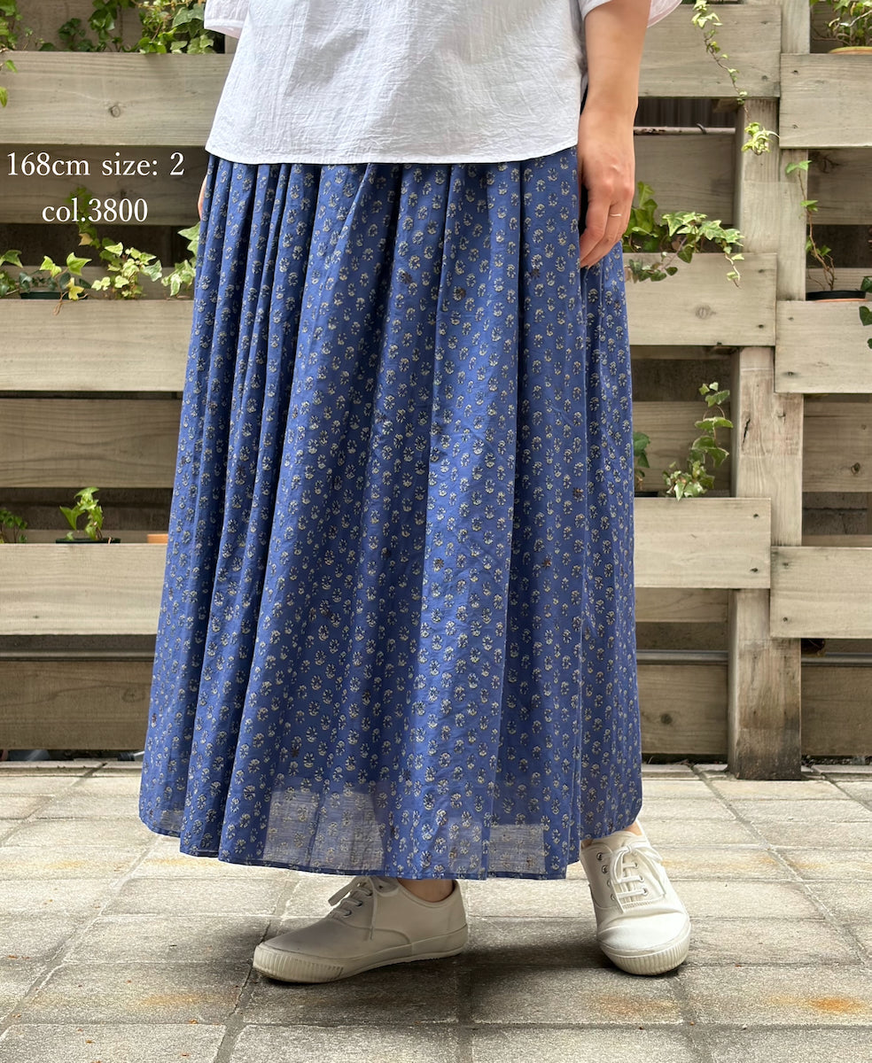 NMDS26254 80s VOILE SMALL GENTIANA BLOCK PRINT GATHERED SKIRT WITH LINING