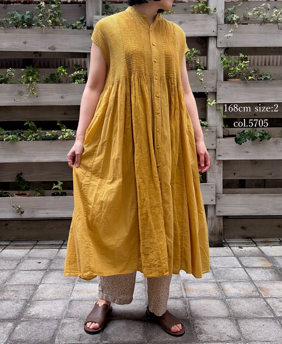 NMDS26264D ORGANIC COTTON/LINEN PATCHWORK OVERDYE BANDED F/SLEEVE SHIRT DRESS WITH MINI PINTUCK
